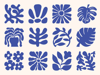 blue floral doodle shapes in retro hippie 60s 70s style vector collection. flower hand drawn organic