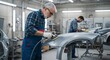 © rdkcho - Skilled Senior Auto Body Technician Sanding Car Part in a Professional Workshop