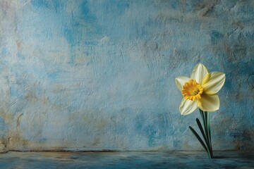 Poster - Yellow daffodil stands elegantly against a textured blue background, showcasing its delicate petals and vibrant colors