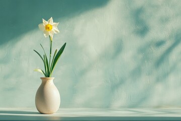 Poster - Delicate daffodil in a minimalist vase against a soft blue background with playful shadows during afternoon light