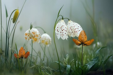 Aufkleber - Vibrant orange butterflies among delicate white flowers in a misty meadow during early morning light