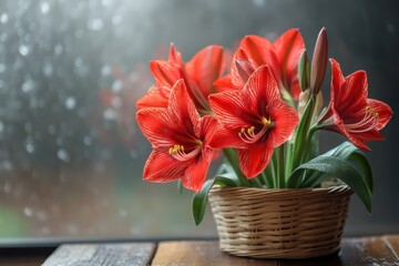 Poster - Bright red amaryllis flowers in a woven basket by a rainy window showcasing vibrant colors and nature's beauty