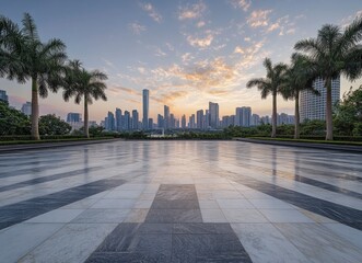 cityscape view with palm trees and reflective pavement at sunset
