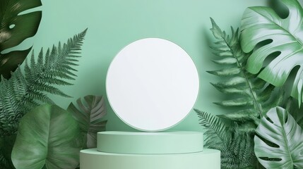 Empty circle display, green leaves, nature background.  Possible use product showcase