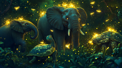 Wall Mural - Close-up of glowing fireflies swirling between the elephants and the turtle, illuminating their forms.