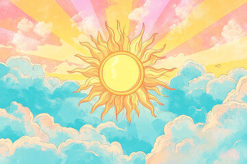 Wall Mural - bright sun shining above fluffy clouds in pastel colors