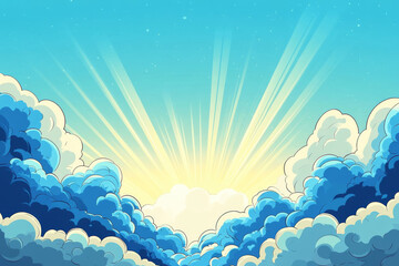Wall Mural - bright blue fluffy clouds with sun rays shining through