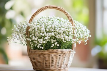 Aufkleber - Charming wicker basket filled with delicate white flowers arranged beautifully for a fresh and natural home decor