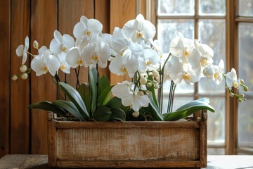 Aufkleber - Blooming orchids arranged in a rustic wooden planter by a sunlit window showcasing natural elegance