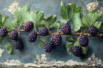 Aufkleber - Blackberries hanging from a branch with leaves against a textured blue background in natural light