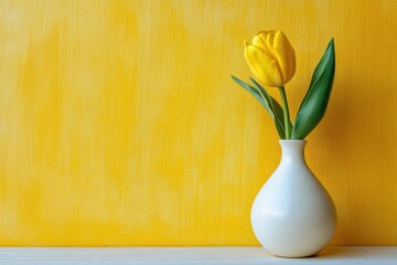 Poster - Beautiful yellow tulip in a white vase against a vibrant yellow background showcasing elegance and simplicity