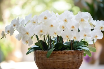 Aufkleber - Delicate white orchids arranged beautifully in a woven basket sitting in a bright room filled with greenery