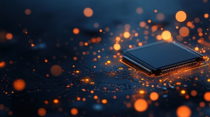 Leinwandbilder - A futuristic microchip glows brightly on a circuit board with bokeh light effects adding a technological feel.