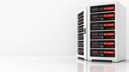 Fototapete - Two modern white server racks stand in a clean white room reflecting light on the floor.