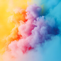 Fototapete - Digital illustration of an aerial cloud of colored smoke. Warm yellows, oranges and pinks blend seamlessly with cool blues and purples to create expressive shimmers of color