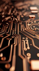 Fototapete - Close-up detailed shot of a copper circuit board showcasing intricate electronic pathways and connections.