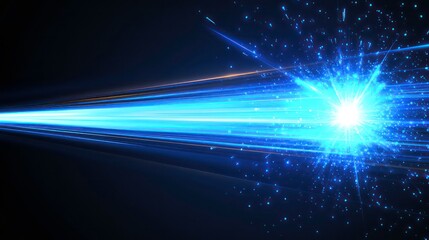 Wall Mural - Abstract blue glowing light beam with particles, lines on dark background represents data transfer. Dynamic design with wavy patterns suggests motion, energy. Illustration suitable for tech concepts