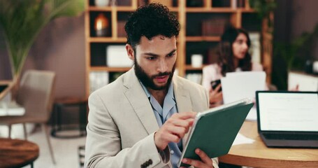 Poster - Tablet, office and man in meeting for finance agency with research, smile and online report. Schedule, risk management and businessman with digital app, budget agenda and team workshop for investment