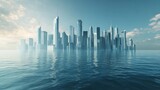 Futuristic city on water, morning sunrise, tranquil scene, stock photo