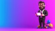 © Preecha - A sleek 3D cartoon businessman in a modern suit holding a glowing tablet, standing on a vibrant gradient background, corporate aesthetic