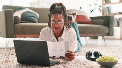 Fototapete - Home, document and woman on floor, laptop and accounting assignment for university. Financial charts, person or student on carpet, PC or paperwork with stats for economy task or education with graphs