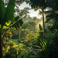 Wall Mural - lush green forest with sunlight filtering through the trees creating