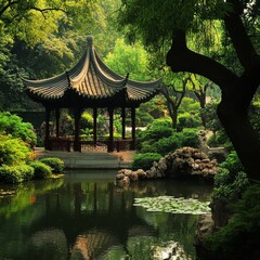 Wall Mural - asian style gazebo reflected in water surrounded by lush green