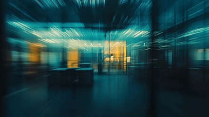 Wall Mural - Abstract motion blur of a modern interior space with glass walls and teal lighting.