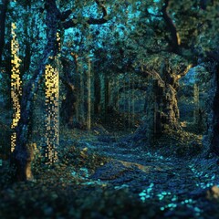 Wall Mural - dark forest with trees and foliage in a blue and