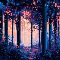 Wall Mural - trees in a forest with pink and blue light shining