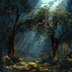 Wall Mural - forest scene with trees and light filtering through the leaves