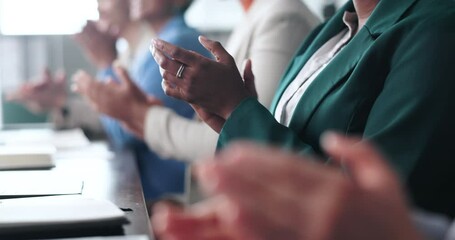 Poster - Business, people and hands with applause in meeting for financial seminar, company growth and profit increase. Corporate team, group and clapping in presentation for workshop success and celebration