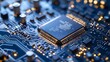 © Stocksy - Close-up of a microchip on a blue circuit board with electronic components.