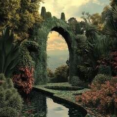 Wall Mural - stone archway covered in greenery over a stream in a