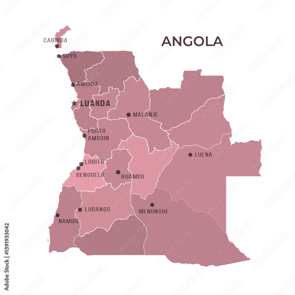 Map of ANGOLA with Regions Borders and Famous Cities Stock Vector ...
