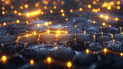Abstract dark hexagonal surface with glowing nodes and connecting lines in a futuristic design