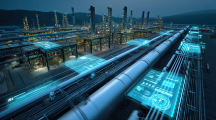 Aufkleber - digital refinery at night showcases glowing pipelines and futuristic technology, highlighting advanced industrial processes and innovation in energy management