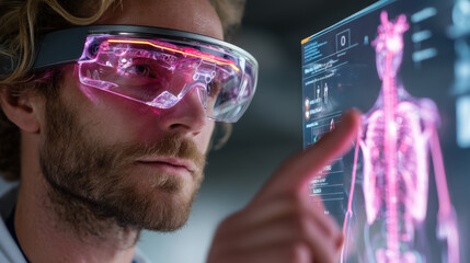 Poster - focused medical researcher wearing smart AR glasses interacts with digital display showing human anatomy diagram, highlighting advanced technology in healthcare