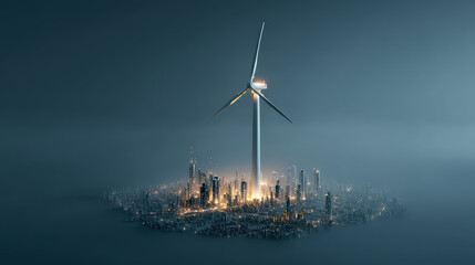 Aufkleber - giant wind turbine towers over futuristic cityscape, enveloped in mist and illuminated by glowing lights, creating surreal and serene atmosphere