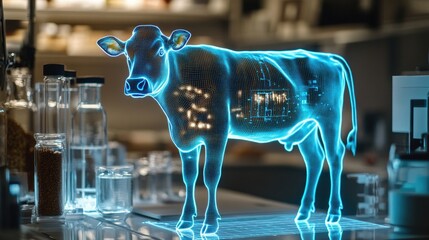Poster - A digital hologram of a cow displayed in a modern lab, symbolizing innovative approaches to sustainable farming and food science in a high-tech environment.