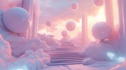 Poster - A dreamy 3D dimension featuring floating spheres, pastel-colored architecture, and soft lighting, creating a surreal, ethereal virtual environment.
