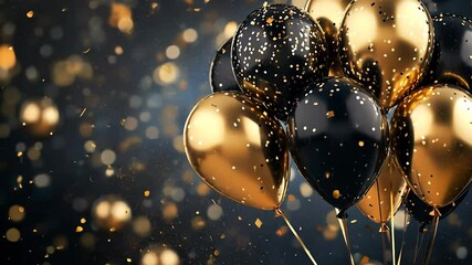 Wall Mural - golden balloons and confetti on a black background. balloons with gold and black background. greetin