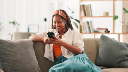 Poster - Smile, woman and rest with phone at house for communication, social media and reading blog. African person, happy and mobile app for texting feedback, weekend plans and message update of notification