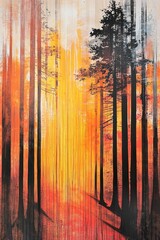 Wall Mural - forest trees silhouette against a bright orange and yellow sky with light.