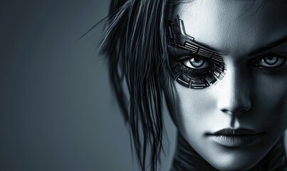 Wall Mural - close up of a striking woman with complex cybernetic eye implants in a futuristic setting.
