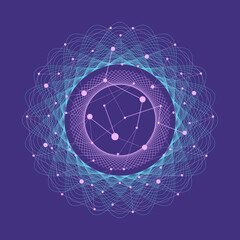 Wall Mural - abstract blue flower fractal circles background for quantum global data integration, pink connected 
