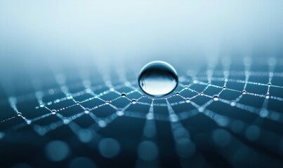 A glistening water droplet clings to a spiderweb, showcasing nature's delicate artistry in blue tones.