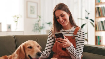 Fototapete - Woman, phone and dog on sofa in home with smile, stroke and care with texting, chat and relax in lounge. Girl, smartphone and golden retriever with mobile app, happy and social media at apartment