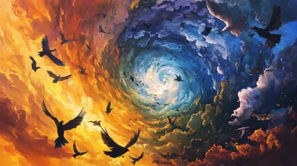 Wall Mural - swirling colorful sky with birds flying in a vortex fantasy illustration.