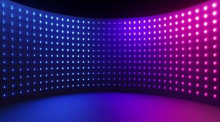 Authentic concave LED display for a wall or platform. Large TV display depicted in a vector illustration with neon blue and purple dot lights. Stadium digital scoreboard with diode lights